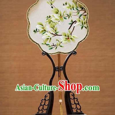 Handmade Chinese Embroidered Green Mangnolia Silk Fans Traditional Classical Dance Palace Fan for Women