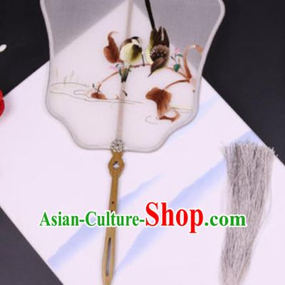 Handmade Chinese Embroidered Birds Grey Silk Fans Traditional Classical Dance Palace Fan for Women
