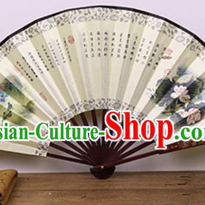 Handmade Chinese Painting Lotus Beige Fan Traditional Classical Dance Accordion Fans Folding Fan