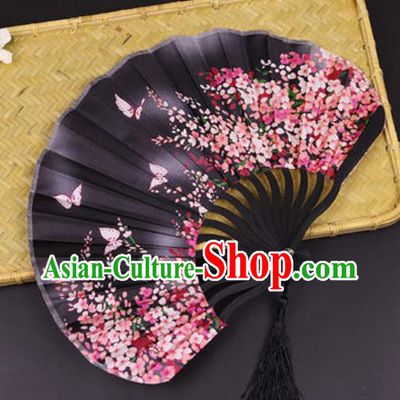 Handmade Chinese Printing Primrose Butterfly Black Satin Fan Traditional Classical Dance Accordion Fans Folding Fan