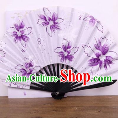 Handmade Chinese Printing Flowers Black Bamboo Satin Fan Traditional Classical Dance Accordion Fans Folding Fan
