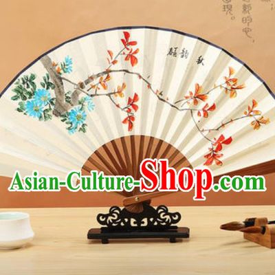 Chinese Hand Painting Red Leaf Chrysanthemum Paper Fan Traditional Classical Dance Accordion Fans Folding Fan