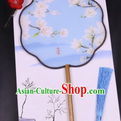 Handmade Chinese Printing Mangnolia Blue Silk Fans Traditional Classical Dance Palace Fan for Women