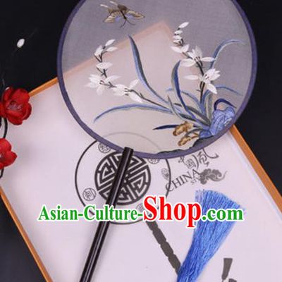 Handmade Chinese Embroidered Orchid Butterfly Silk Fans Traditional Classical Dance Palace Fan for Women