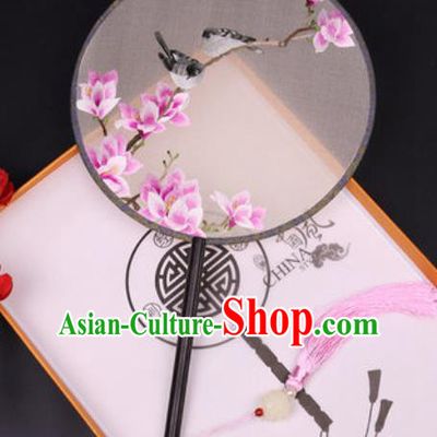 Handmade Chinese Embroidered Pink Mangnolia Silk Fans Traditional Classical Dance Palace Fan for Women