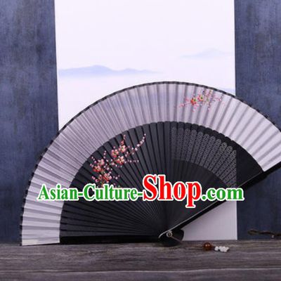 Chinese Traditional Hand Painting Plum Black Silk Fan Classical Dance Accordion Fans Folding Fan