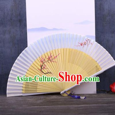 Chinese Traditional Hand Painting Plum Light Blue Silk Fan Classical Dance Accordion Fans Folding Fan