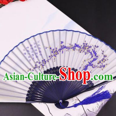 Chinese Traditional Painting Plum Blossom Blue Bamboo Fan Classical Dance Accordion Silk Fans Folding Fan