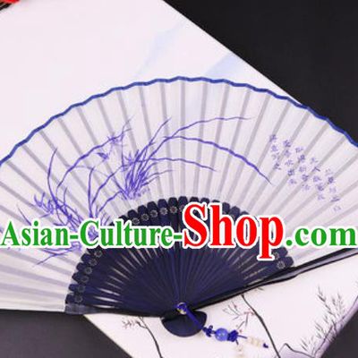 Chinese Traditional Painting Orchids Blue Bamboo Fan Classical Dance Accordion Silk Fans Folding Fan