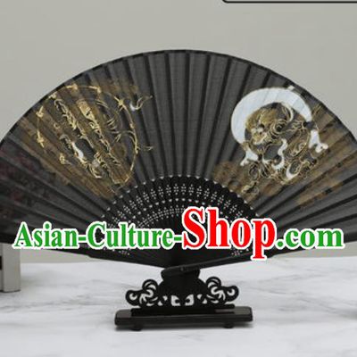 Chinese Traditional Printing Tigers Black Silk Fan Classical Dance Accordion Fans Folding Fan