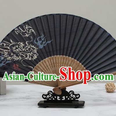 Chinese Traditional Printing Cloud Dragon Black Silk Fan Classical Dance Accordion Fans Folding Fan