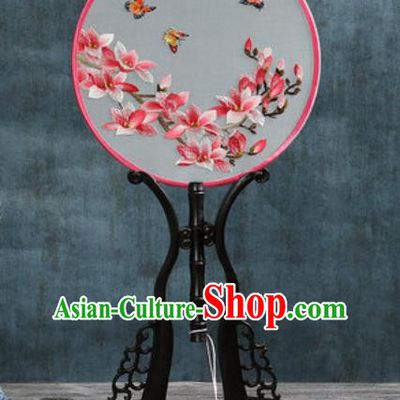 Handmade Chinese Embroidered Red Mangnolia Ebony Silk Fans Traditional Classical Dance Palace Fan for Women