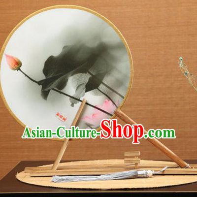 Handmade Chinese Printing Lotus Round Fans Traditional Classical Dance Red Beech Palace Fan for Women