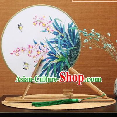Handmade Chinese Printing Butterfly Orchid Round Fans Traditional Classical Dance Red Beech Palace Fan for Women