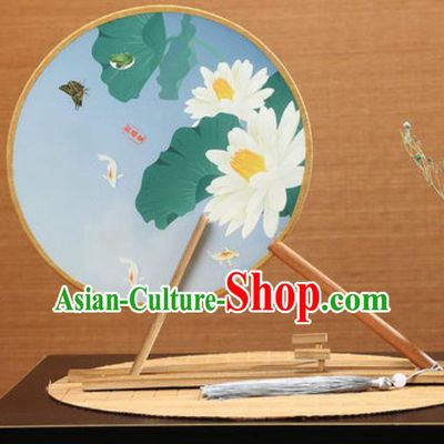 Handmade Chinese Printing Lotus Blue Round Fans Traditional Classical Dance Red Beech Palace Fan for Women