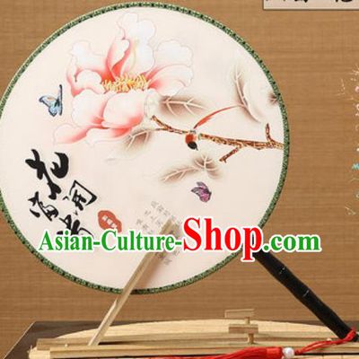 Handmade Chinese Printing Peony Beige Palace Fans Traditional Classical Dance Round Fan for Women