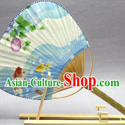 Handmade Chinese Printing Petunia Goldfish Blue Paper Fans Traditional Classical Dance Palace Fan for Women