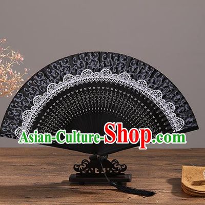 Handmade Chinese Printing White Lace Ebony Fan Traditional Classical Dance Accordion Fans Folding Fan