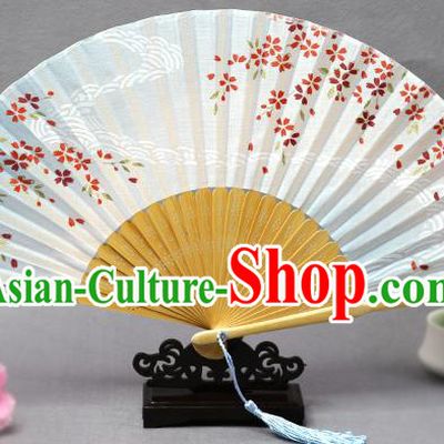 Handmade Chinese Printing Flow Sakura Blue Fan Traditional Classical Dance Accordion Fans Folding Fan