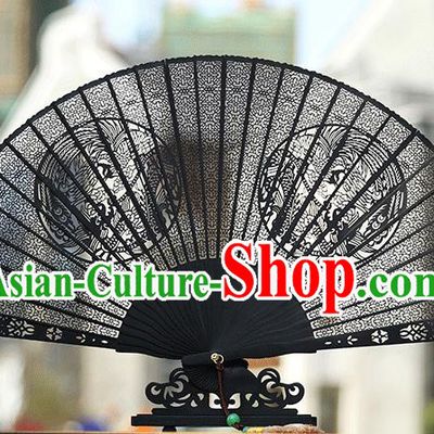 Handmade Chinese Carving Round Phoenix Ebony Fan Traditional Classical Dance Accordion Fans Folding Fan