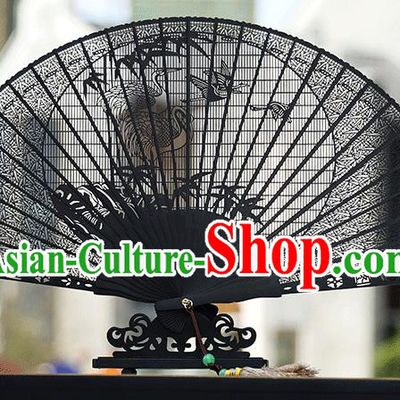 Handmade Chinese Carving Crane Bamboo Ebony Fan Traditional Classical Dance Accordion Fans Folding Fan