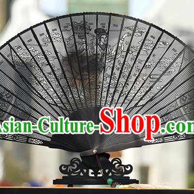 Handmade Chinese Carving Flower Goddess Ebony Fan Traditional Classical Dance Accordion Fans Folding Fan