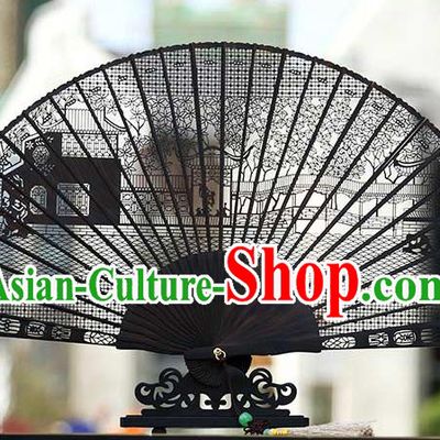 Handmade Chinese Carving Humble Administrator Garden Ebony Fan Traditional Classical Dance Accordion Fans Folding Fan