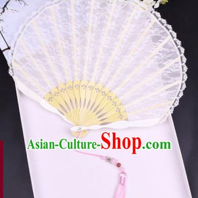 Handmade Chinese White Lace Fan Traditional Classical Dance Accordion Fans Folding Fan