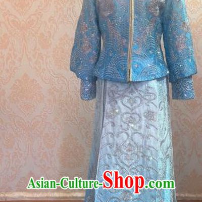 Chinese Traditional Xiu He Suit Blue Dress China Ancient Bride Wedding Costume for Women