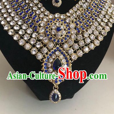 Indian Traditional Wedding Blue Crystal Necklace Asian India Bride Jewelry Accessories for Women
