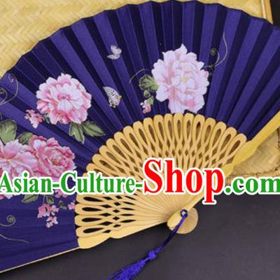 Handmade Chinese Printing Peony Royalblue Silk Fan Traditional Classical Dance Accordion Fans Folding Fan