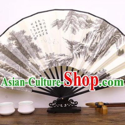 Handmade Chinese Ink Painting Mountains Carving Fan Traditional Classical Dance Accordion Fans Folding Fan