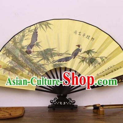 Handmade Chinese Ink Painting Bamboo Birds Yellow Carving Fan Traditional Classical Dance Accordion Fans Folding Fan