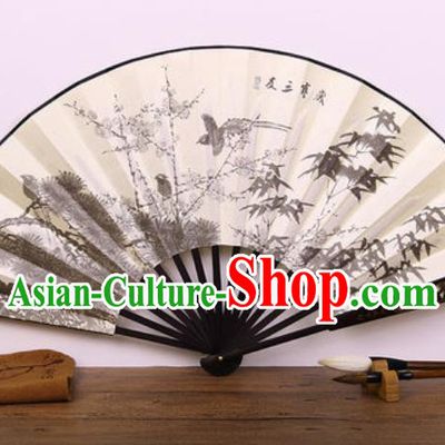 Handmade Chinese Ink Painting Pine Bamboo Plum Carving Fan Traditional Classical Dance Accordion Fans Folding Fan