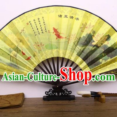 Handmade Chinese Ink Painting Lotus Yellow Carving Fan Traditional Classical Dance Accordion Fans Folding Fan