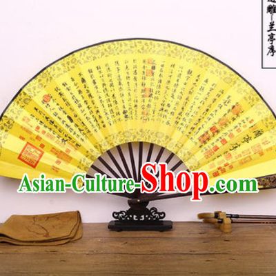 Handmade Chinese Ink Painting Lan Ting Preface Yellow Carving Fan Traditional Classical Dance Accordion Fans Folding Fan