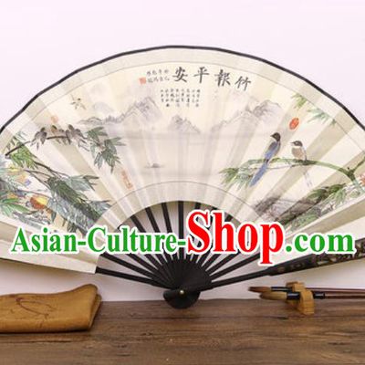 Handmade Chinese Ink Painting Bamboo Bird Carving Fan Traditional Classical Dance Accordion Fans Folding Fan