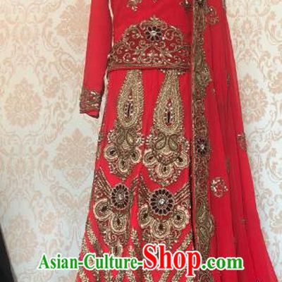 Indian Traditional Embroidered Red Lehenga Dress Asian Hui Nationality Bride Wedding Costume for Women