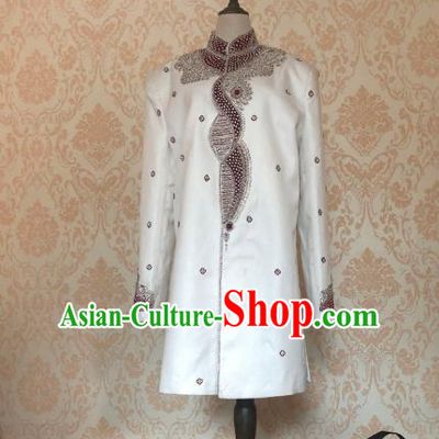 Indian Traditional Embroidered White Coat Asian Hui Nationality Bridegroom Wedding Costume for Men