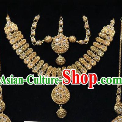 Indian Traditional Wedding Crystal Necklace Earrings and Eyebrows Pendant Asian India Bride Headwear Jewelry Accessories for Women