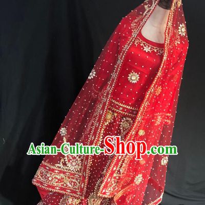 Indian Traditional Bride Red Lehenga Embroidered Dress Asian Hui Nationality Wedding Costume for Women