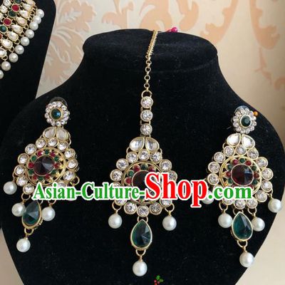 Indian Traditional Wedding Green Crystal Eyebrows Pendant and Earrings Asian India Bride Headwear Jewelry Accessories for Women