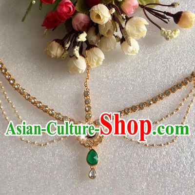 Indian Traditional Wedding Green Crystal Pearls Eyebrows Pendant Asian India Bride Headwear Jewelry Accessories for Women