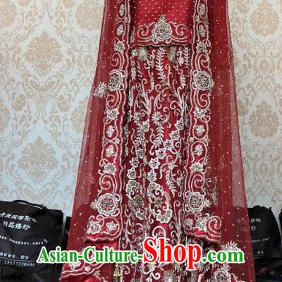Indian Traditional Wedding Embroidered Costume Asian Hui Nationality Bride Purplish Red Lehenga Dress for Women