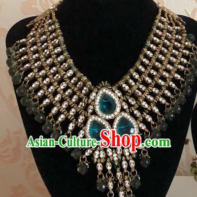 Indian Court Traditional Wedding Luxury Peacock Green Gem Necklace Asian India Bride Jewelry Accessories for Women