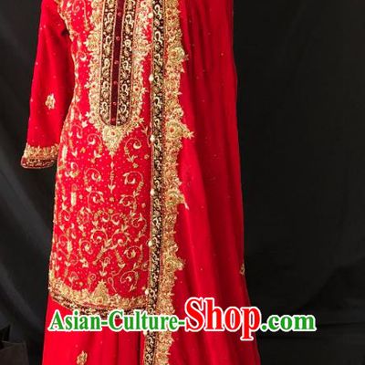 Indian Traditional Wedding Embroidered Red Lehenga Dress Asian Hui Nationality Bride Costume for Women