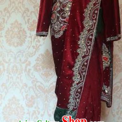 Indian Traditional Wedding Purplish Red Satin Saree Dress Asian Hui Nationality Bride Embroidered Costume for Women