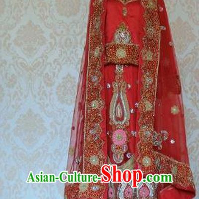 Indian Traditional Pearls Embedded Red Lehenga Costume Asian Hui Nationality Wedding Bride Embroidered Dress for Women