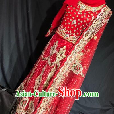 Indian Traditional Wedding Red Embroidered Diamante Lehenga Dress Asian Hui Nationality Bride Costume for Women