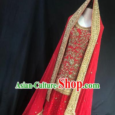 Indian Traditional Wedding Embroidered Sequins Red Lehenga Dress Asian Hui Nationality Bride Costume for Women